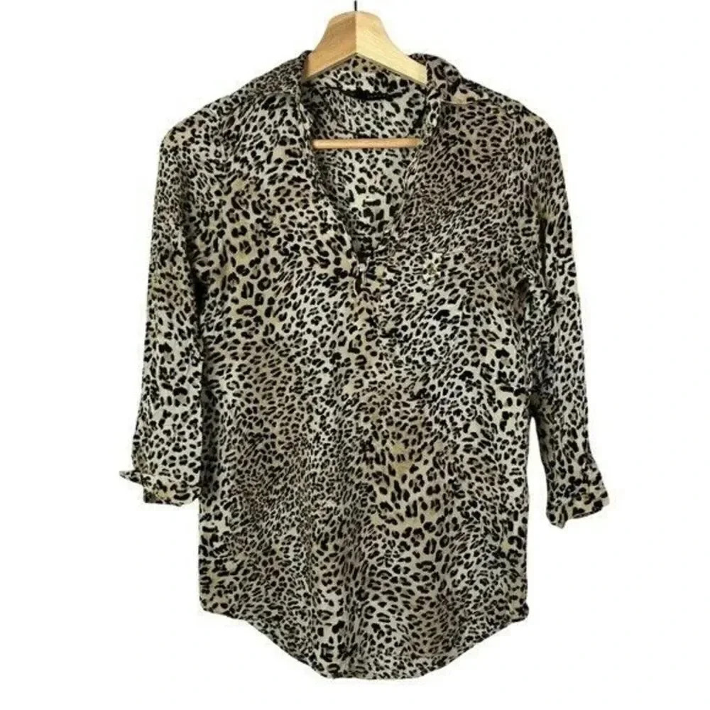 Zara Leopard Print Popover Collar Long Sleeve Top XS